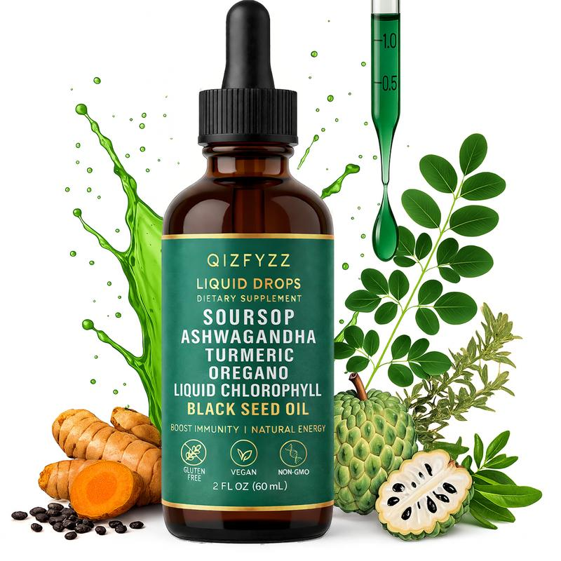 Qizfyzz Soursop Bitters Liquid Drops 10-In-1 with Nori Moringa Turmeric Black Seed Oil Oregano Ashwagandha Herbal Extracts for Overall Health Vegan Non-Gmo 2 Fl Oz