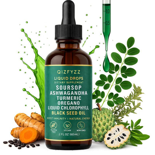 Qizfyzz Soursop Bitters Liquid Drops 10-In-1 with Nori Moringa Turmeric Black Seed Oil Oregano Ashwagandha Herbal Extracts for Overall Health Vegan Non-Gmo 2 Fl Oz