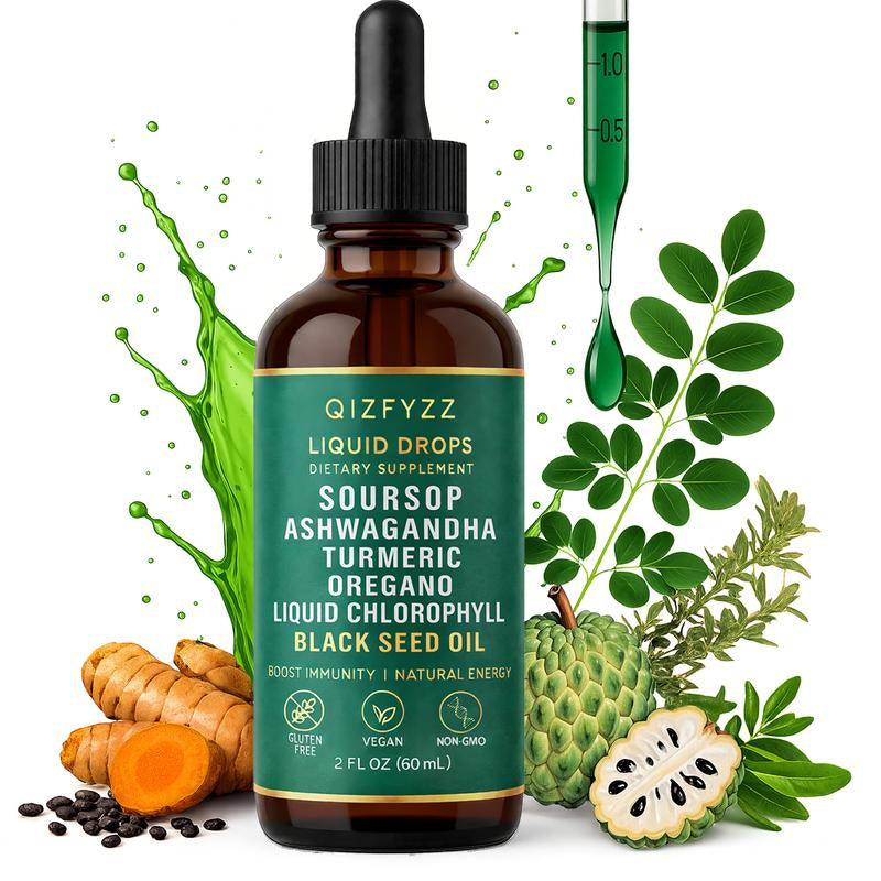 Qizfyzz Soursop Bitters Liquid Drops 10-In-1 with Nori Moringa Turmeric Black Seed Oil Oregano Ashwagandha Herbal Extracts for Overall Health Vegan Non-Gmo 2 Fl Oz