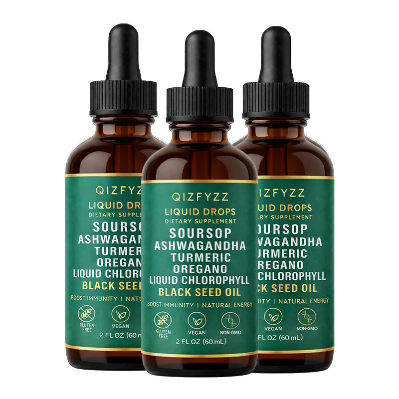 Qizfyzz Soursop Bitters Liquid Drops 10-In-1 with Nori Moringa Turmeric Black Seed Oil Oregano Ashwagandha Herbal Extracts for Overall Health Vegan Non-Gmo 2 Fl Oz