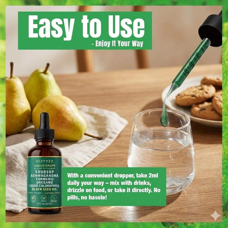 Qizfyzz Soursop Bitters Liquid Drops 10-In-1 with Nori Moringa Turmeric Black Seed Oil Oregano Ashwagandha Herbal Extracts for Overall Health Vegan Non-Gmo 2 Fl Oz