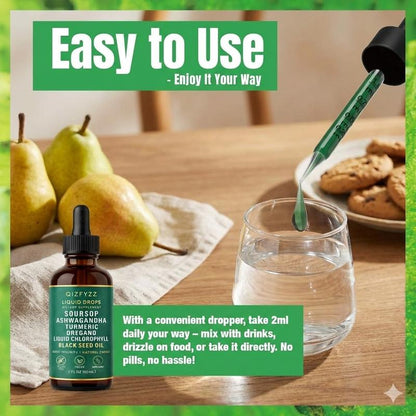 Qizfyzz Soursop Bitters Liquid Drops 10-In-1 with Nori Moringa Turmeric Black Seed Oil Oregano Ashwagandha Herbal Extracts for Overall Health Vegan Non-Gmo 2 Fl Oz