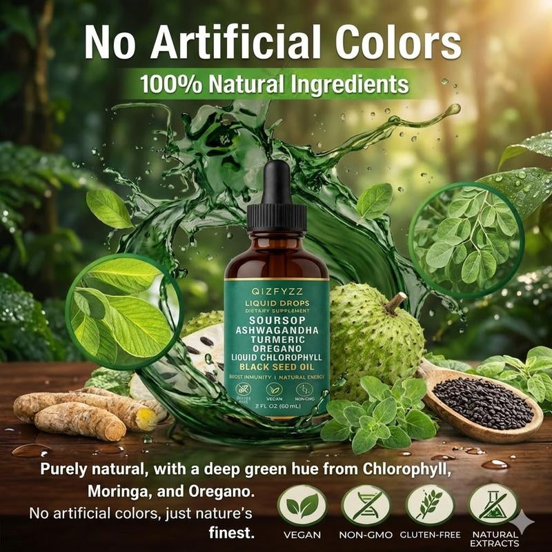 Qizfyzz Soursop Bitters Liquid Drops 10-In-1 with Nori Moringa Turmeric Black Seed Oil Oregano Ashwagandha Herbal Extracts for Overall Health Vegan Non-Gmo 2 Fl Oz