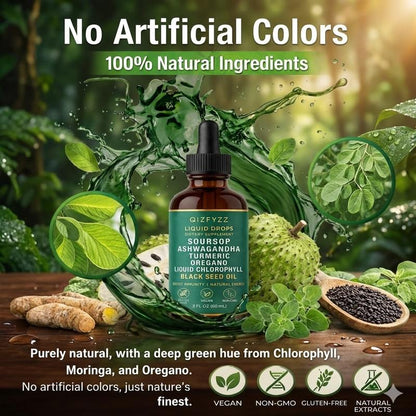Qizfyzz Soursop Bitters Liquid Drops 10-In-1 with Nori Moringa Turmeric Black Seed Oil Oregano Ashwagandha Herbal Extracts for Overall Health Vegan Non-Gmo 2 Fl Oz