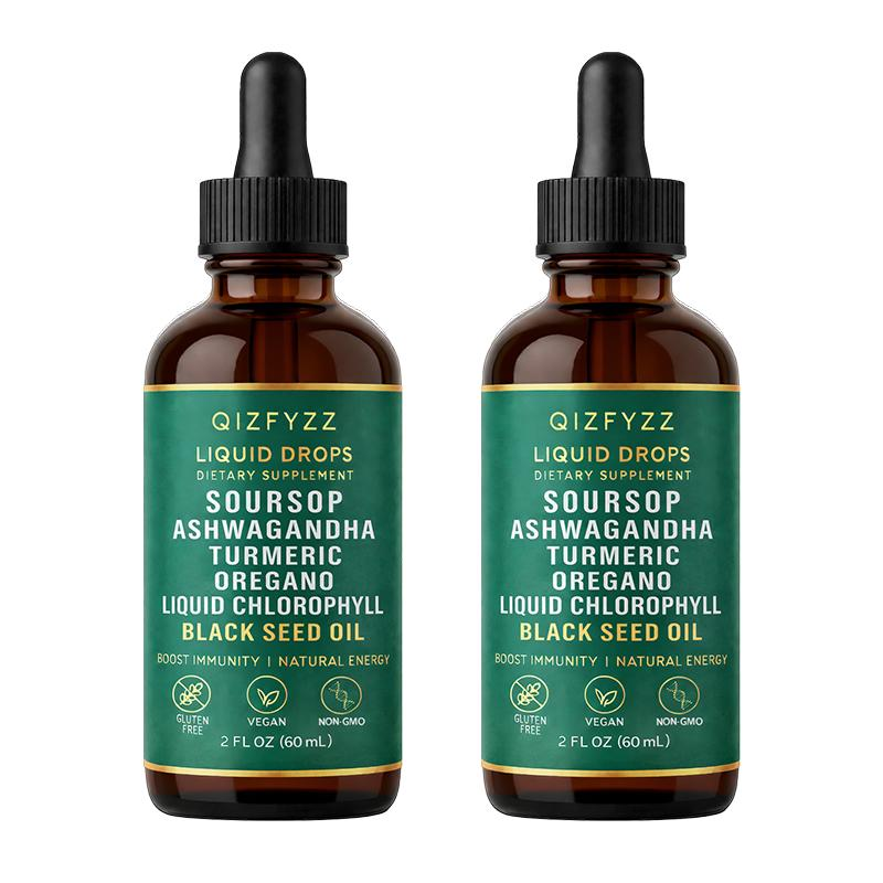 Qizfyzz Soursop Bitters Liquid Drops 10-In-1 with Nori Moringa Turmeric Black Seed Oil Oregano Ashwagandha Herbal Extracts for Overall Health Vegan Non-Gmo 2 Fl Oz
