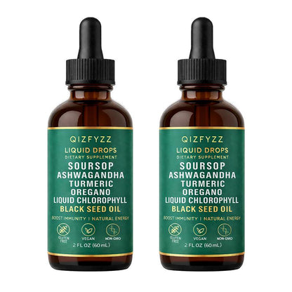 Qizfyzz Soursop Bitters Liquid Drops 10-In-1 with Nori Moringa Turmeric Black Seed Oil Oregano Ashwagandha Herbal Extracts for Overall Health Vegan Non-Gmo 2 Fl Oz