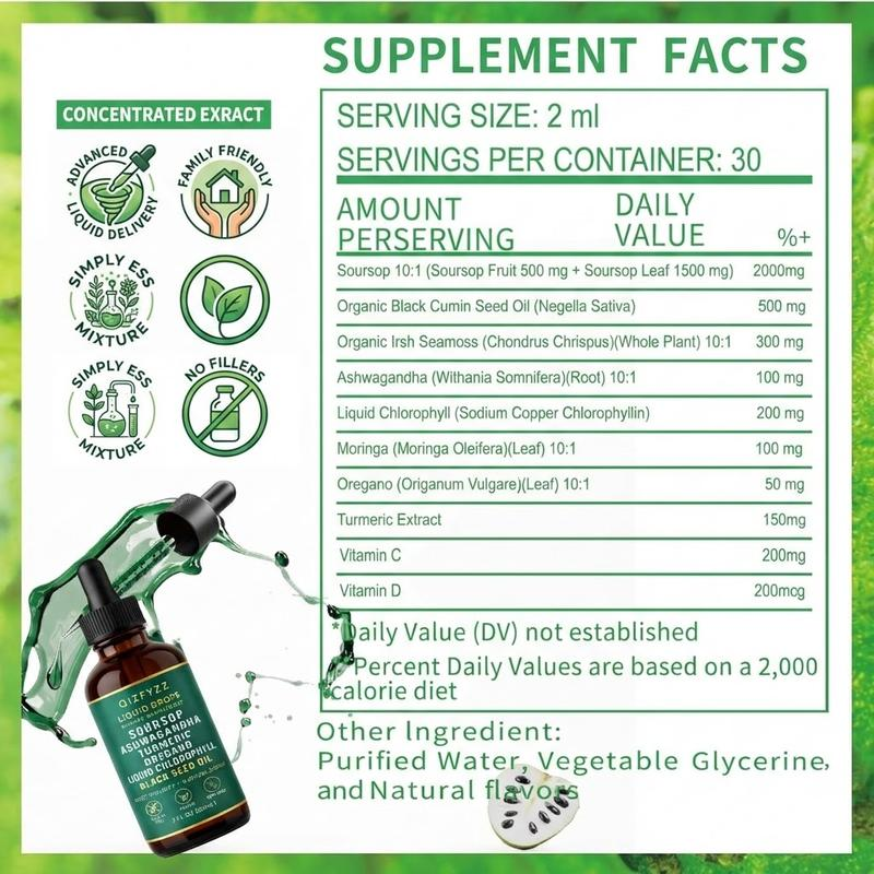Qizfyzz Soursop Bitters Liquid Drops 10-In-1 with Nori Moringa Turmeric Black Seed Oil Oregano Ashwagandha Herbal Extracts for Overall Health Vegan Non-Gmo 2 Fl Oz