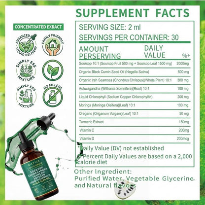 Qizfyzz Soursop Bitters Liquid Drops 10-In-1 with Nori Moringa Turmeric Black Seed Oil Oregano Ashwagandha Herbal Extracts for Overall Health Vegan Non-Gmo 2 Fl Oz